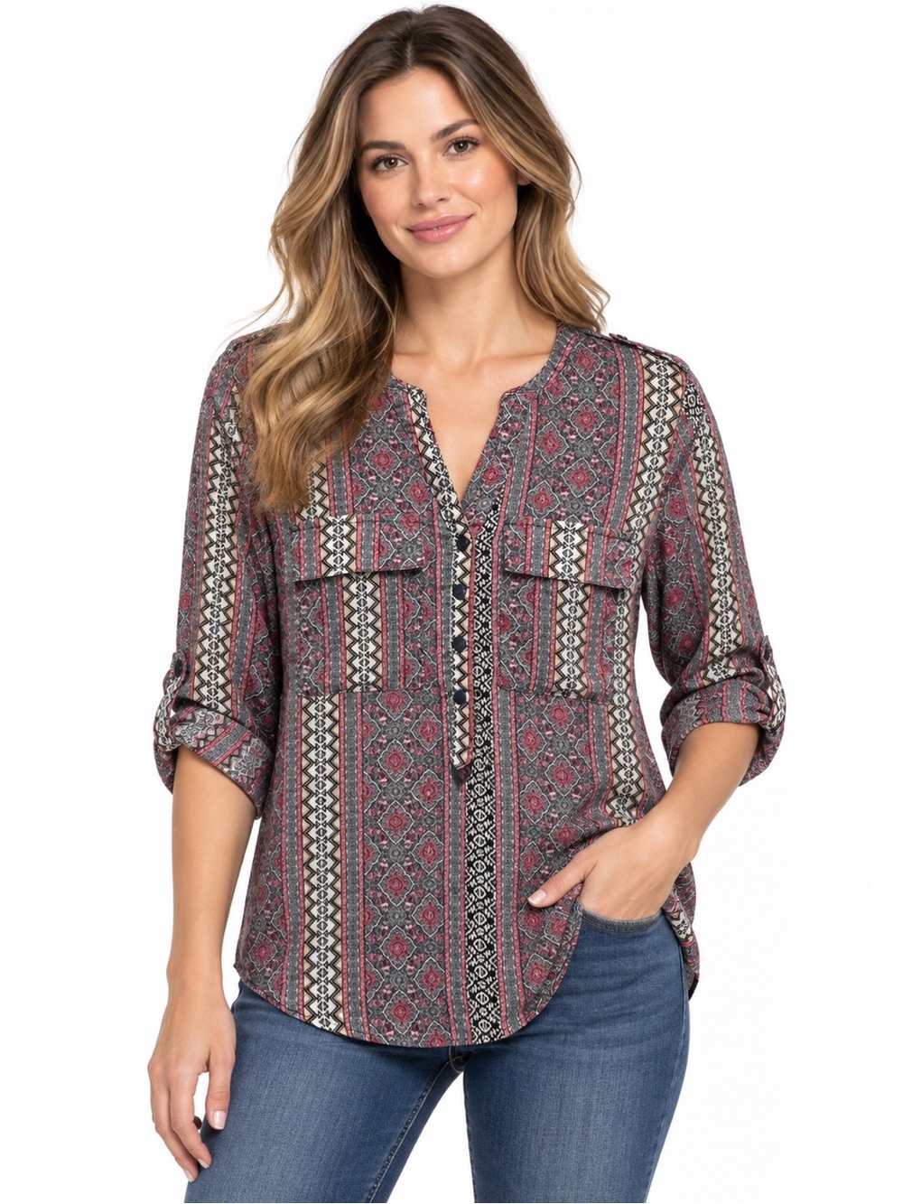 BONGO Multicolor Printed V-Neck Button-Front Tunic